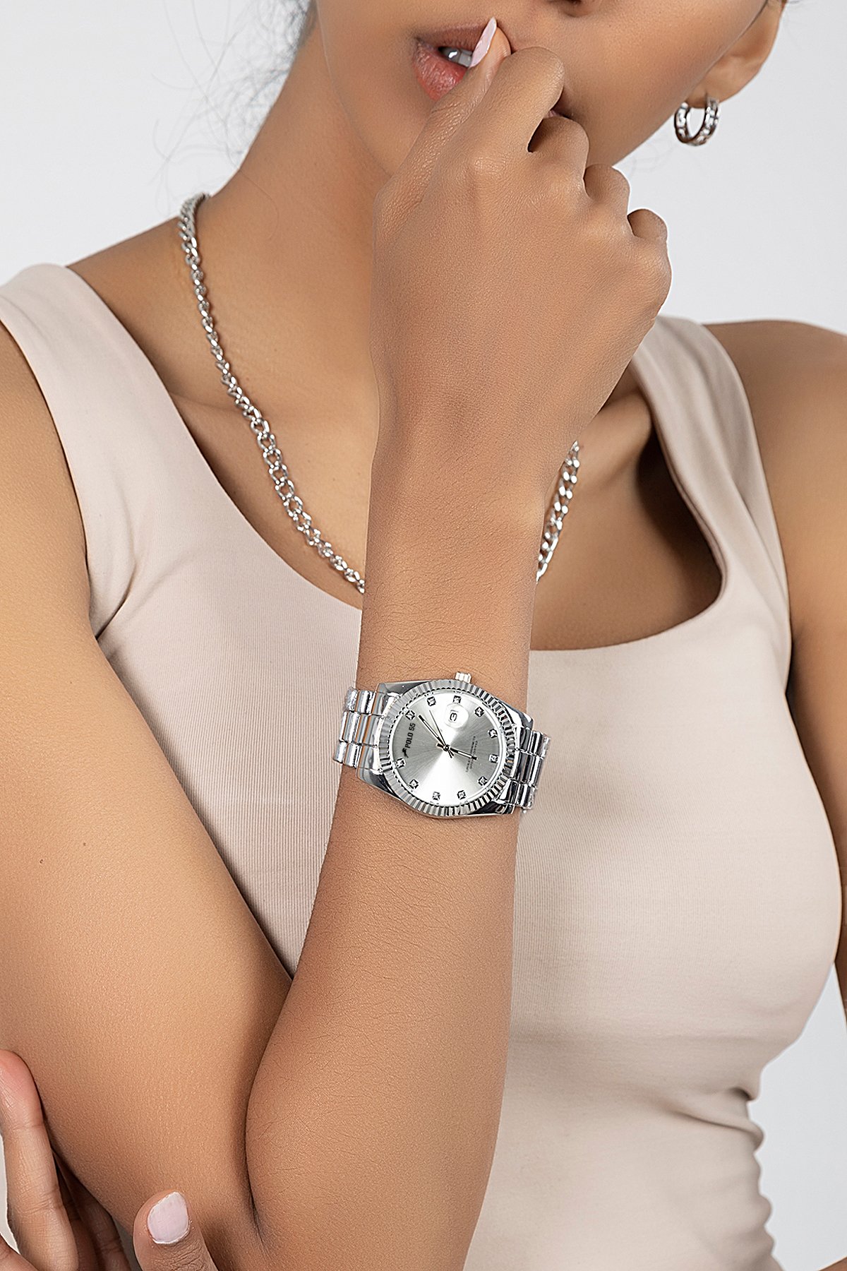 POLO55 Zirkon Taşlı Takvim Göstergeli Unisex Metal Kordon Kol Saati PLUM003R004