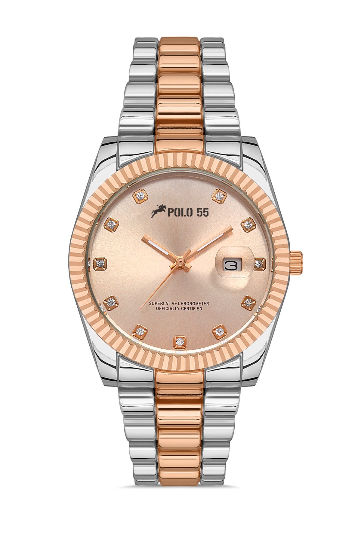 POLO55 Zirkon Taşlı Takvim Göstergeli Unisex Metal Kordon Kol Saati PLUM003R008