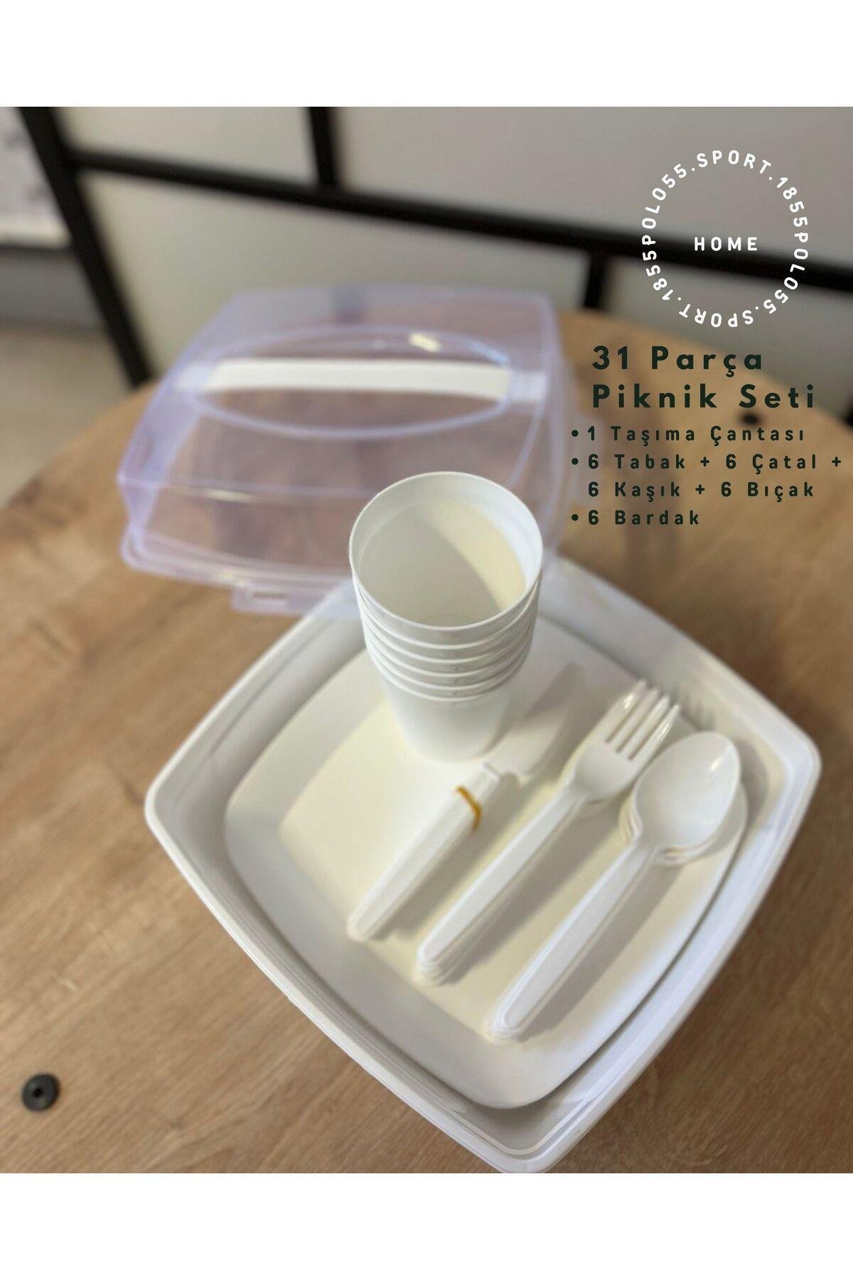 polo55.sport.1855 HOME Beyaz 31 Parça Piknik Seti (6 Bardak, 6 Çatal, 6 Bıçak, 6 Tabak, 6 Kaşık, 1 Taşıma Çantası)