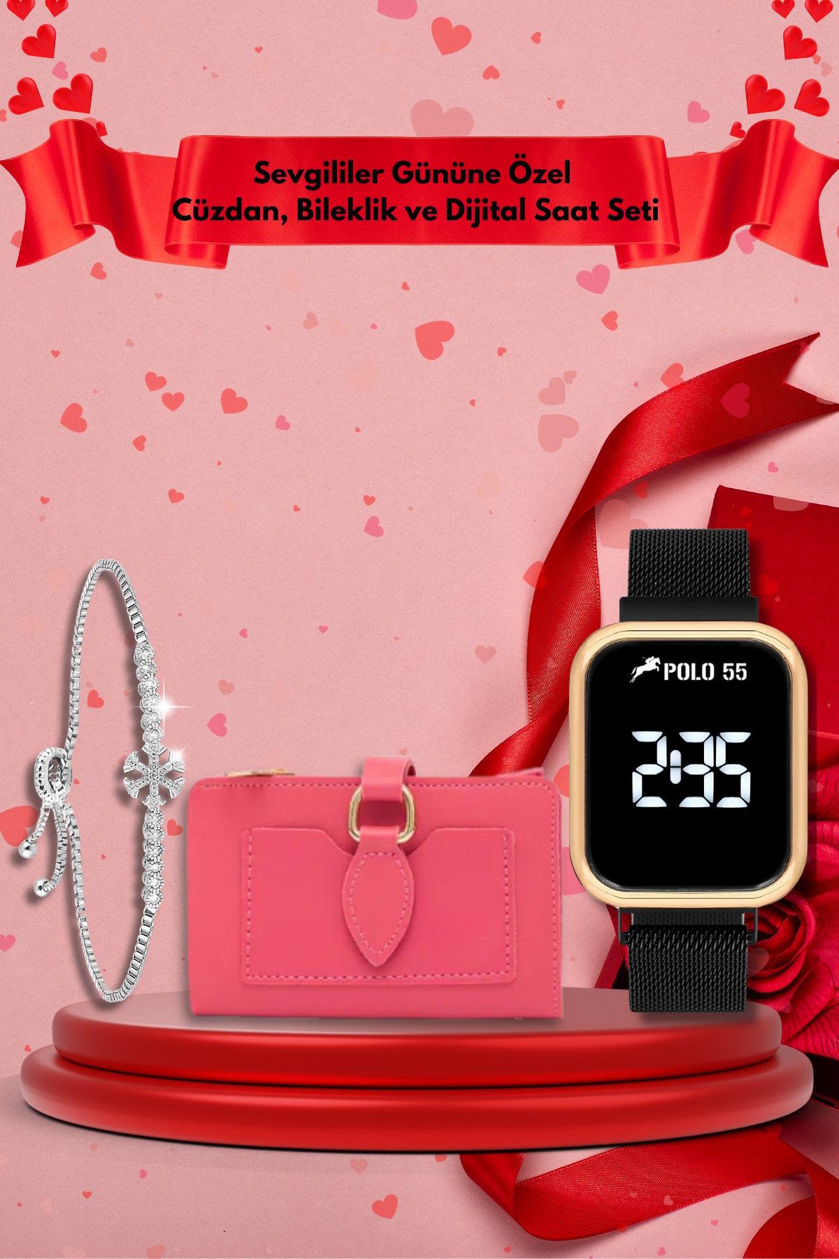 Sevgililer Gününe Özel Pembe Cüzdan, Bileklik ve Dijital Saat Seti
