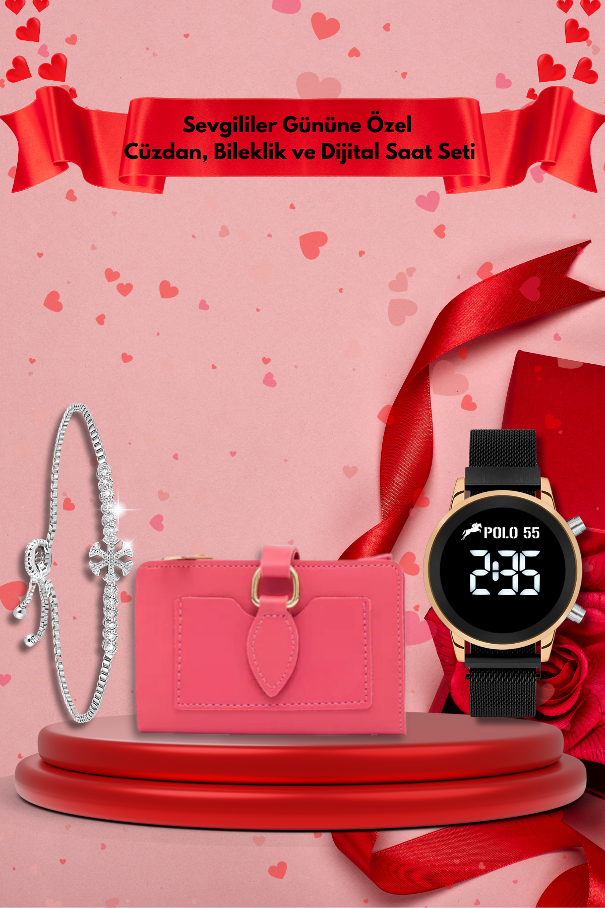 Sevgililer Gününe Özel Pembe-Siyah Cüzdan, Bileklik ve Dijital Saat Seti