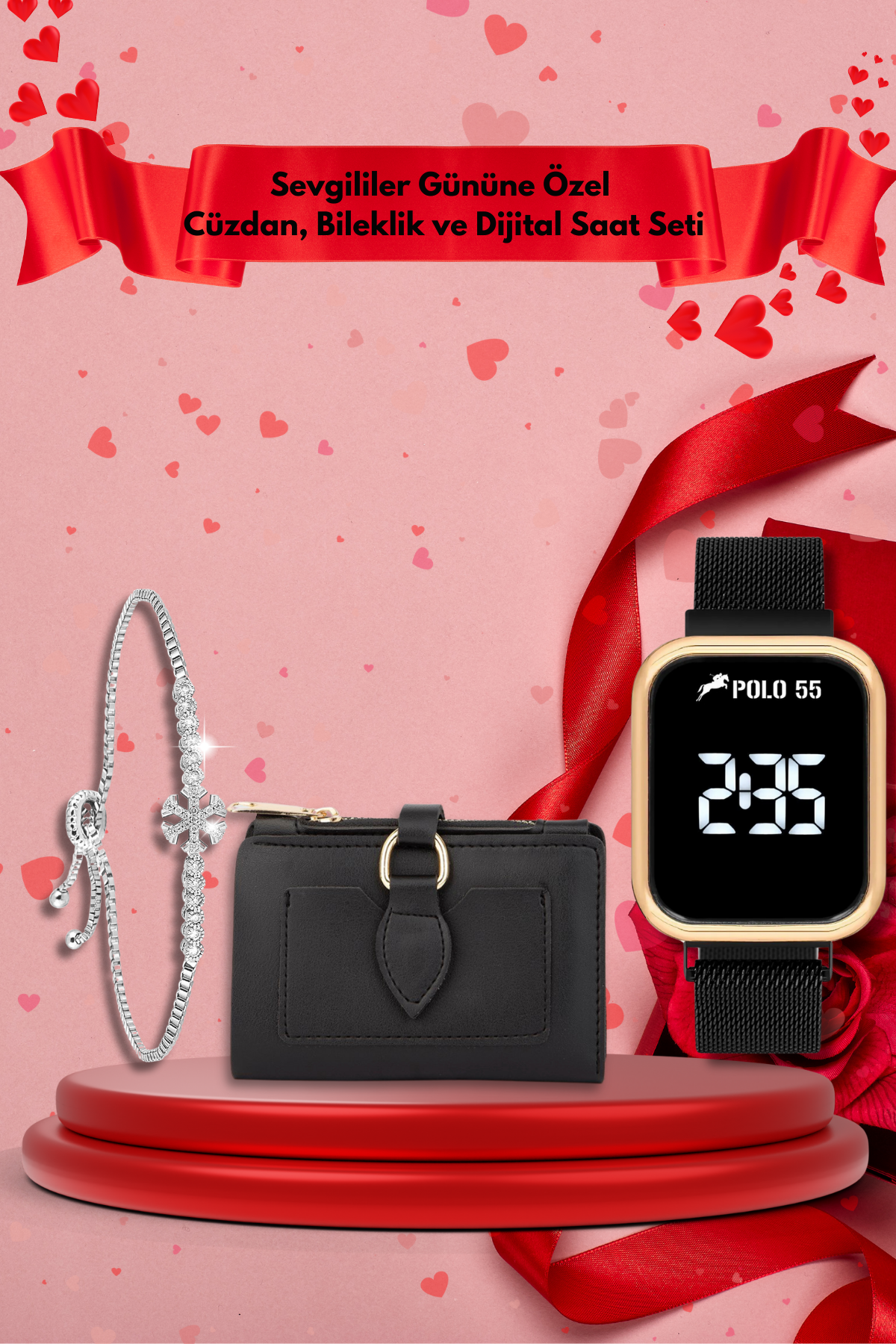 Sevgililer Gününe Özel Siyah Cüzdan, Bileklik ve Dijital Saat Seti