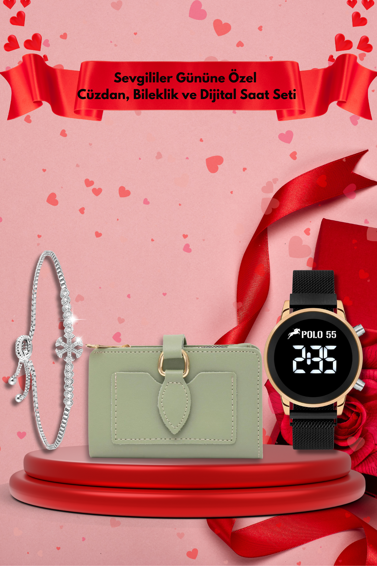 Sevgililer Gününe Özel Turkuaz Cüzdan, Bileklik ve Dijital Saat Seti