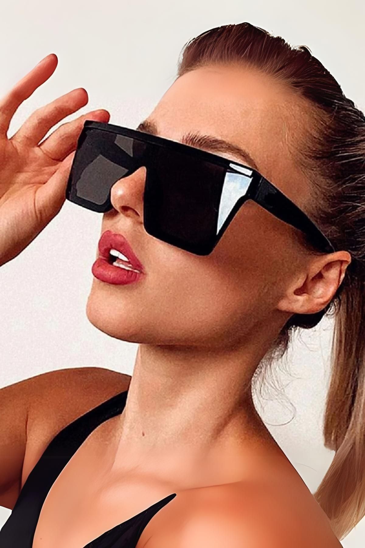 Siyah Oversize Büyük Kare Kadın Güneş Gözlüğü