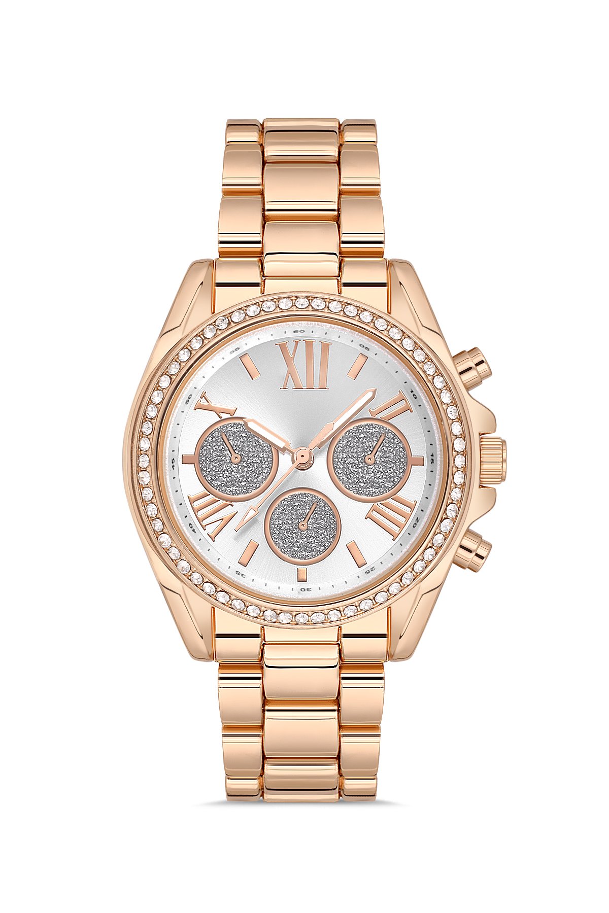 Taşlı Dekoratif Kadran Metal Kordon Rose Gold Kadın Kol Saati