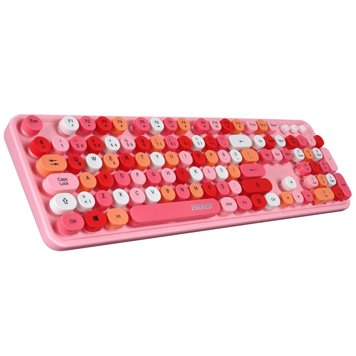 Everest ROUND KM-6282 Renkli Tuşlu Pembe Kablosuz Q Multimedia Klavye + Mouse Set