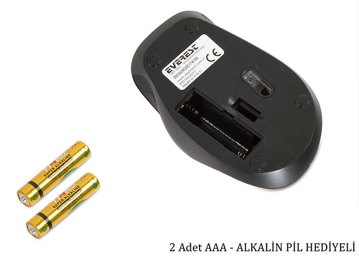 Everest SM-360 Usb Siyah 3D Optik Süper Sessiz Alkalin Pil Kablosuz Mouse
