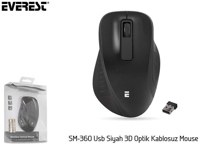 Everest SM-360 Usb Siyah 3D Optik Süper Sessiz Alkalin Pil Kablosuz Mouse