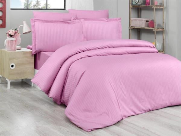 FİRUZE ÇİFT KİŞİLİK ÇİZGİLİ PAMUK SATEN NEVRESİM TAKIMI PEMBE