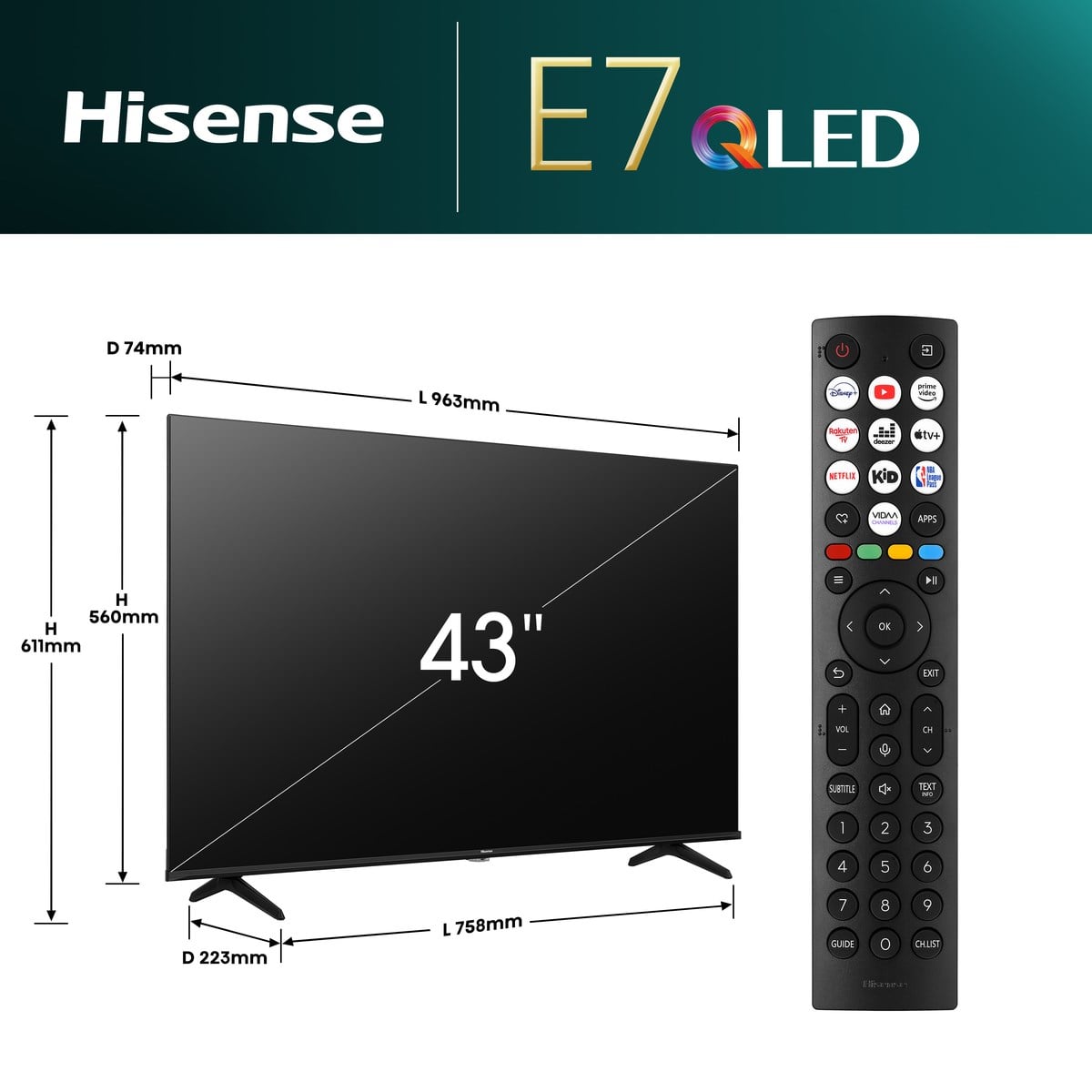 HISENSEHISENSE 43E7NQ 43''  4K QLED UHD SMART TV .101.103.124.019