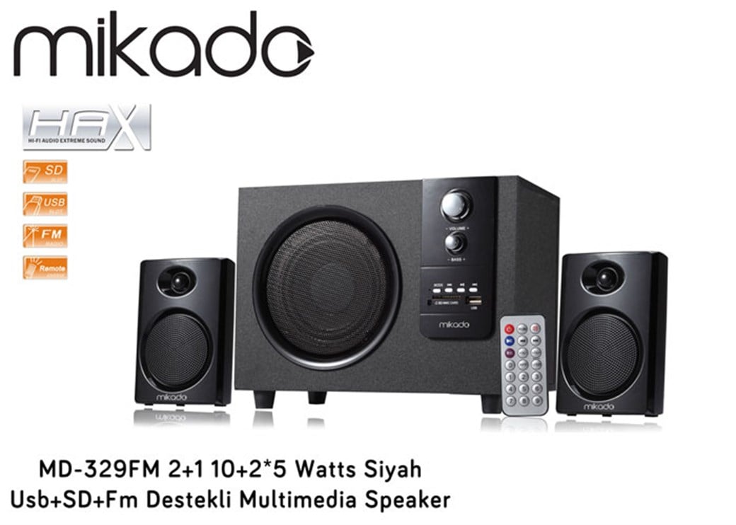 Mikado MD-329FM 2+1 10+2*5 Watts Siyah Usb+SD+Fm D