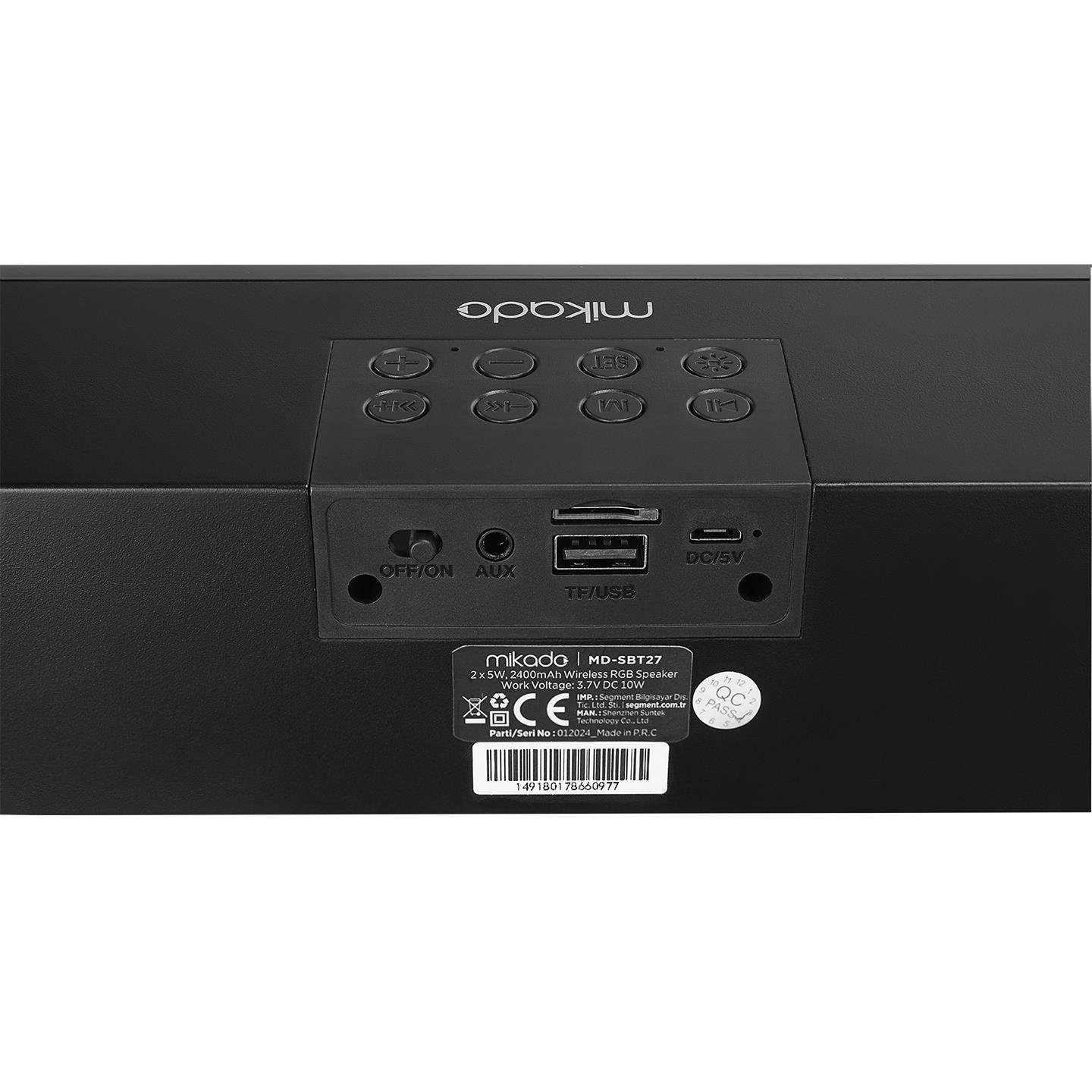 Mikado MD-SBT27 Siyah 10W 2400mAh BT,RGB,Alarm,Clock,TF Card Type-C,USB Soundbar Speaker