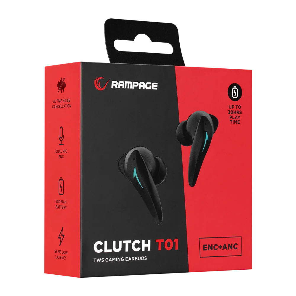 Rampage Clutch T01 Siyah 4 Mikrofonlu ENC+ANC Oyuncu Bluetooth V5.3 TWS Gerçek Kablosuz Kulaklık