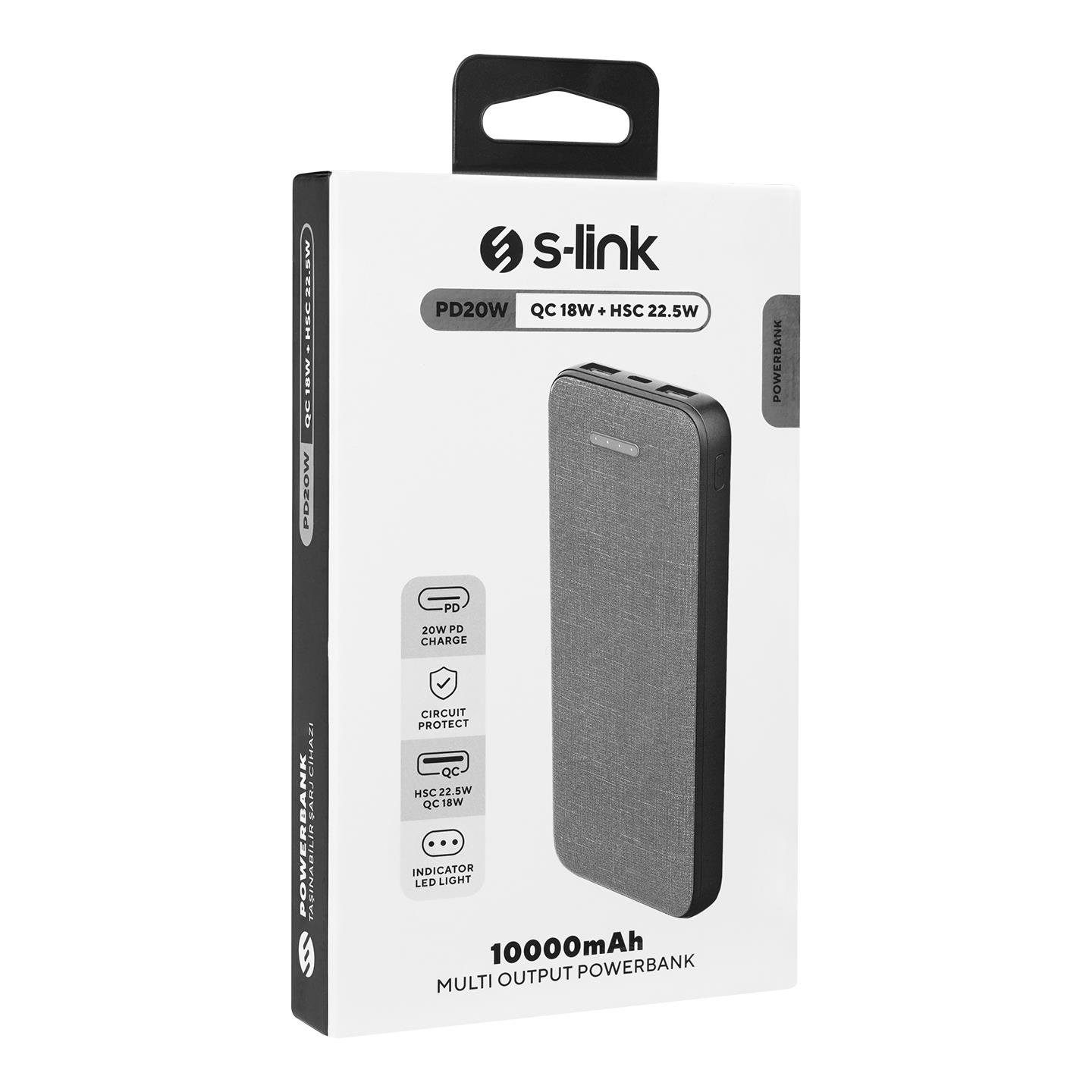 S-link P108 10000mAh PRM PD20W+QC18W+HSC22.5W Kumaş Desen Gri Taşınabilir Pil Şarj Cihazı Powerbank