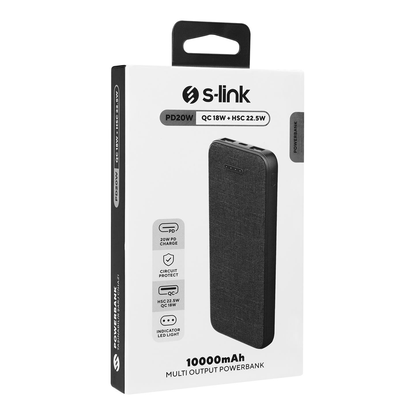 S-link P108 10000mAh PRM PD20W+QC18W+HSC22.5W Kumaş Desen Siyah Taşınabilir Pil Şarj Cihazı Powerbank
