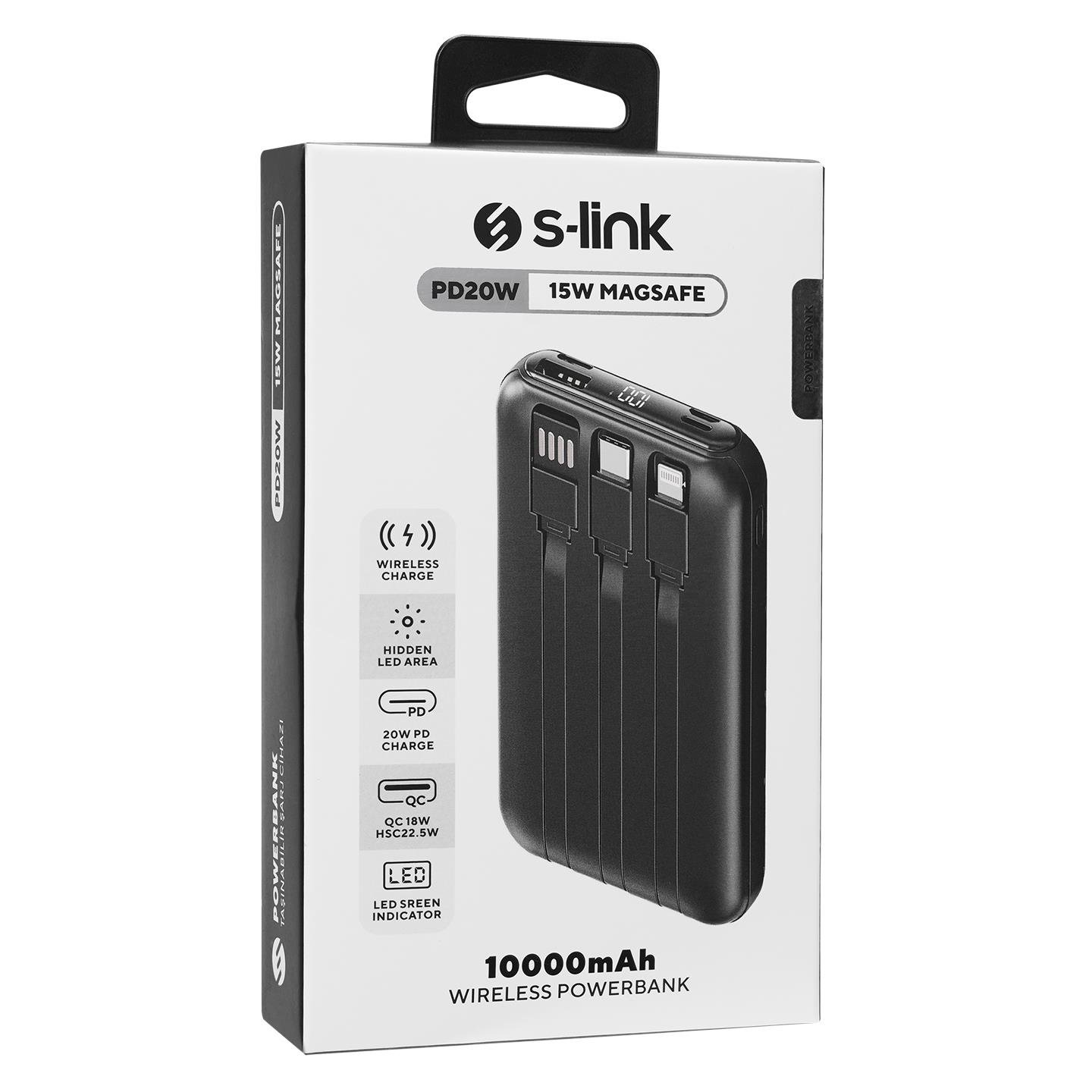 S-link P135 10000mAh PRM PD20W+QC18W+HSC22.5W 15W Magsafe Dahili Kablo Siyah Gizli LED Taşınabilir Pil Şarj Cihazı Power