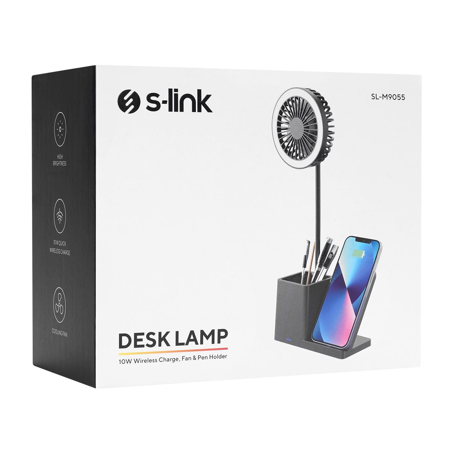 S-link SL-M9055 Siyah TypeC 10W Kablosuz Şarj Cihazı Fanlı Kalemlikli Masa Lambası