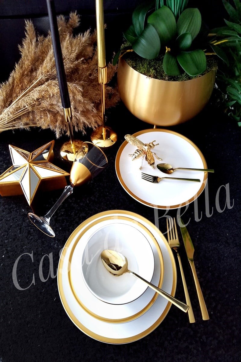 18 Parça 6 Kişilik Yaldızlı Yemek Takımı-Gold
