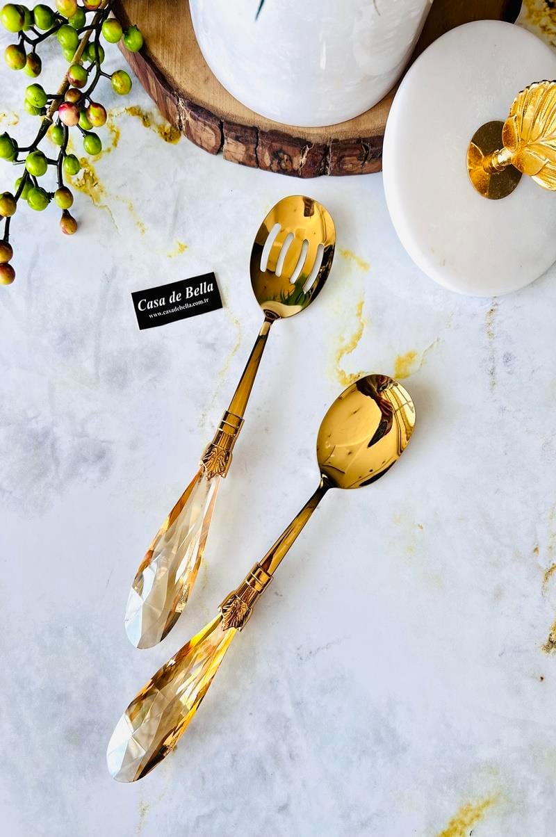 2 Parça Damla Kristal Salata Servis Seti gold amber