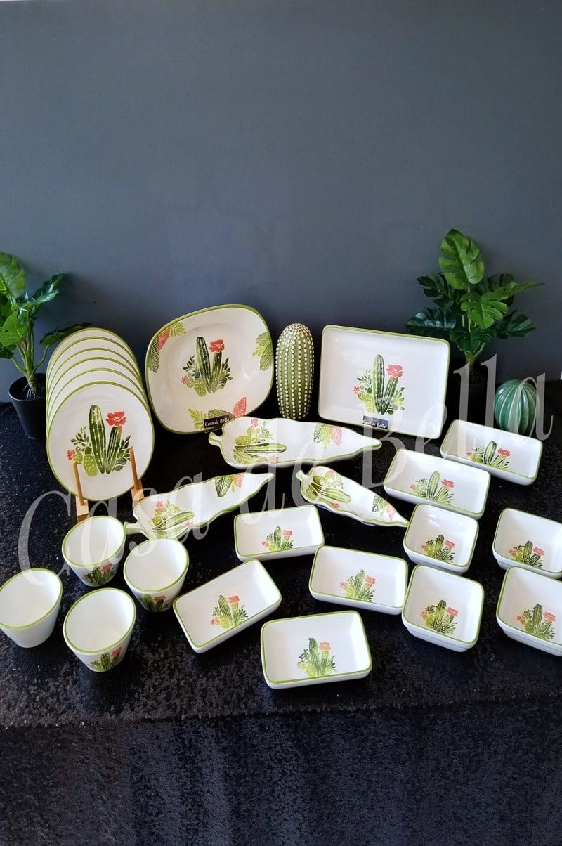 25 Parça Kaktüs Desenli Kahvaltı Takımı - Pasta Tabaklı