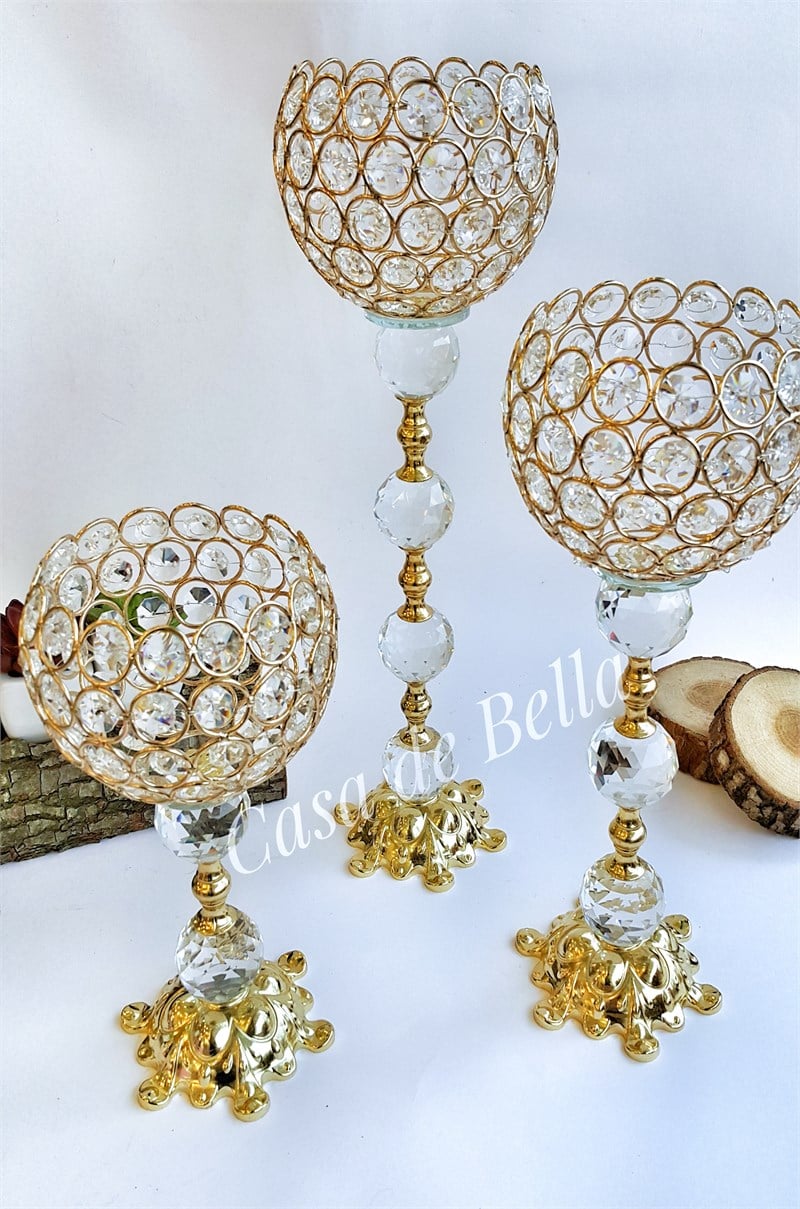 3'lü Kristal Taşlı Şamdan / Mumluk