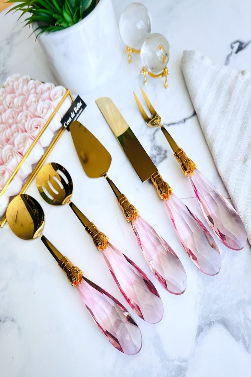 5 Parça Damla Kristal Servis Seti PEMBE