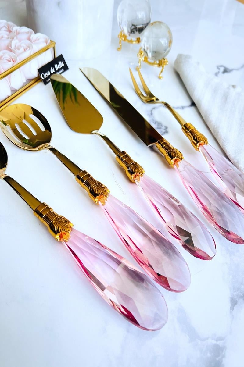 5 Parça Damla Kristal Servis Seti PEMBE