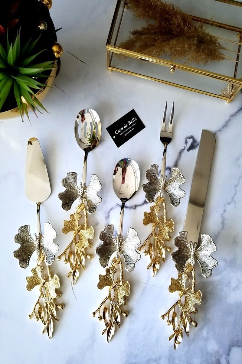 5 Parça Kelebek Desenli Gold Saplı Servis Seti