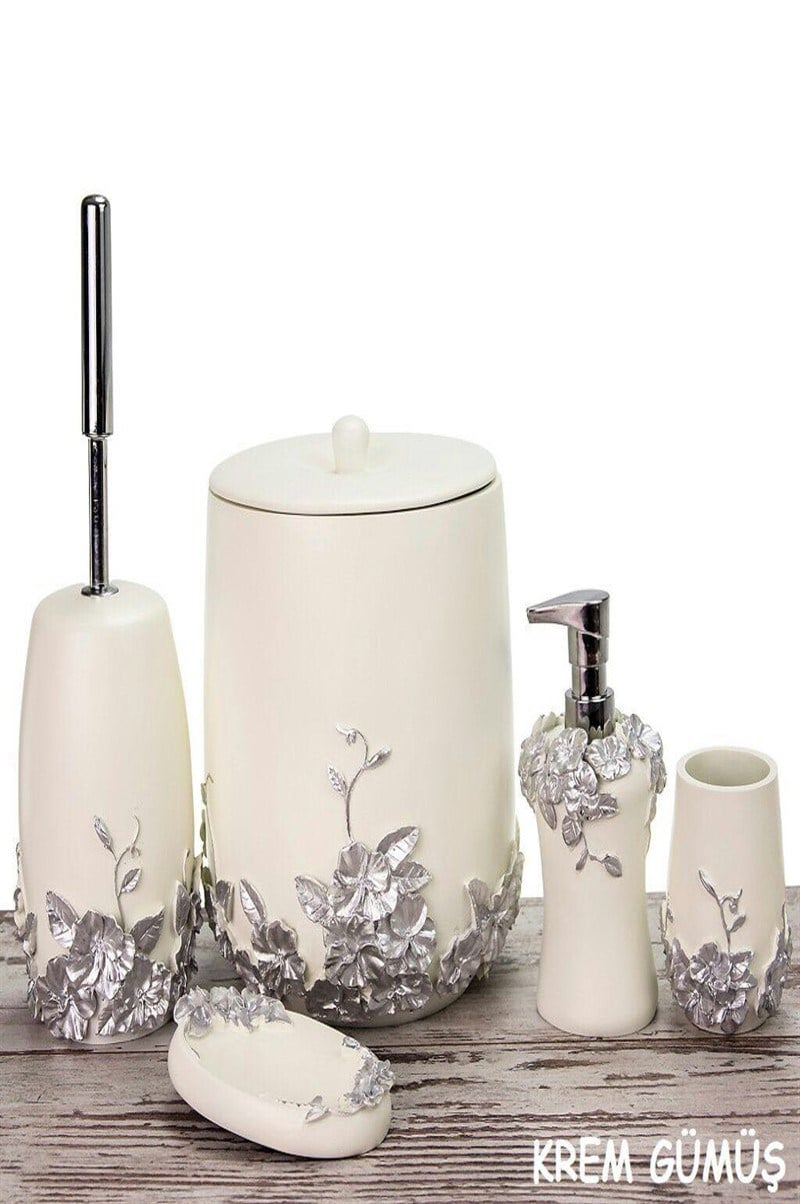 5 PARÇA POLYESTER  BANYO SETİ-KREM&GÜMÜŞ