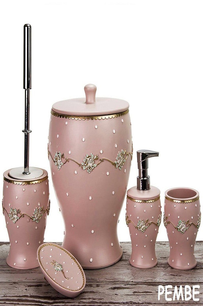 5 PARÇA POLYESTER  BANYO SETİ-PEMBE