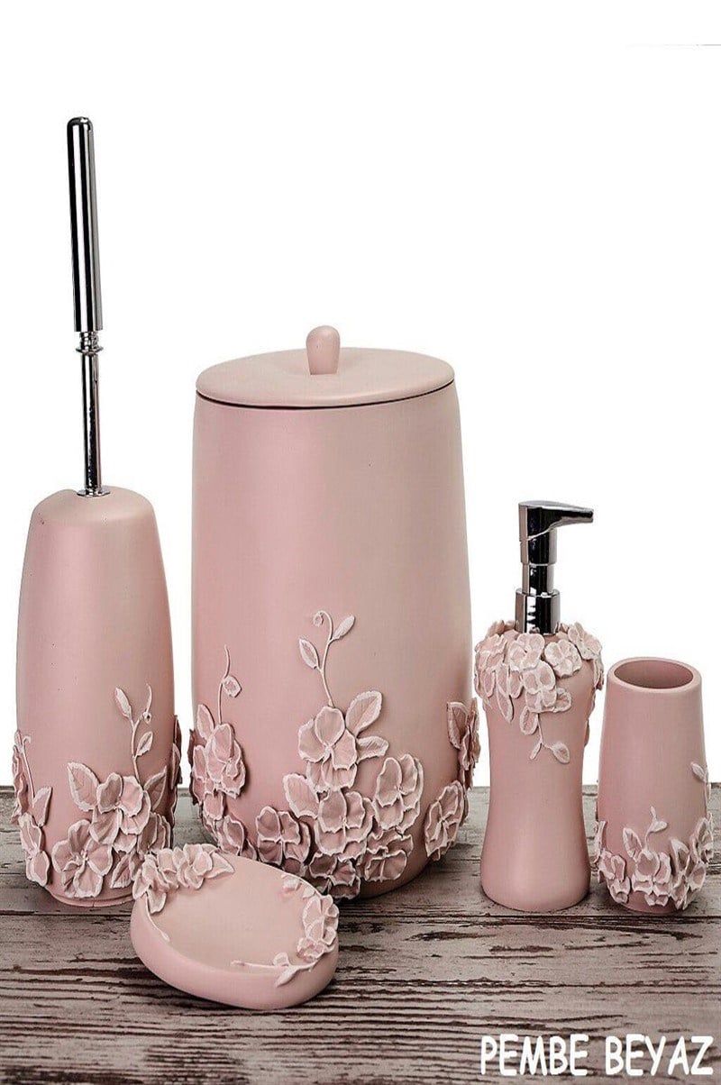 5 PARÇA POLYESTER  BANYO SETİ-PEMBE&BEYAZ