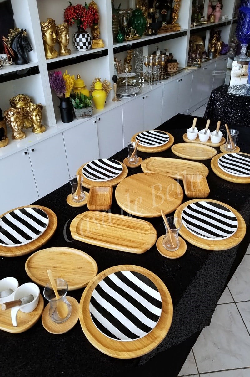51 Parça Siyah Çizgili Desenli Bambu Kahvaltı Takımı