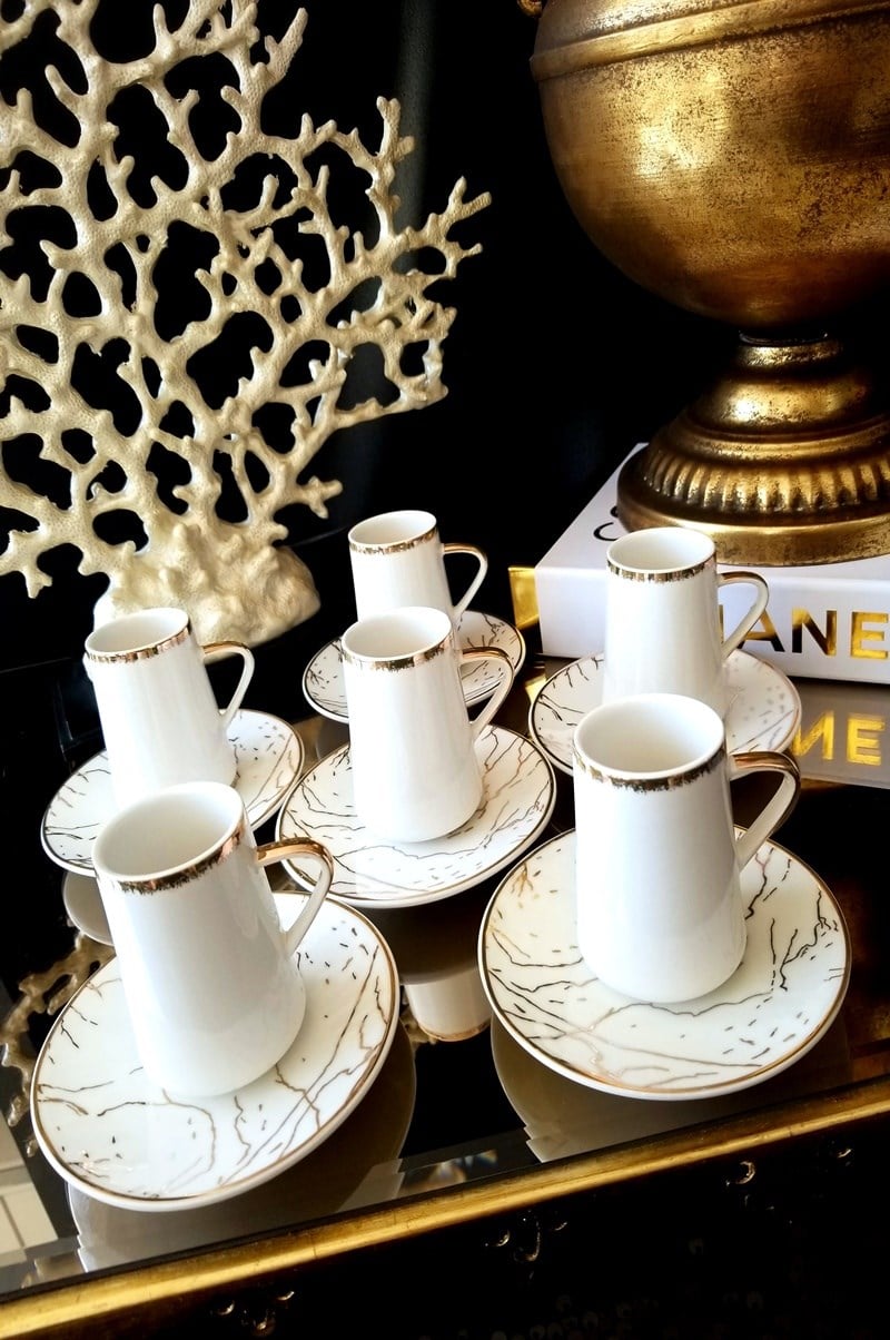 6 Kişilik Beyaz Mermer Desenli Kahve Fincanı