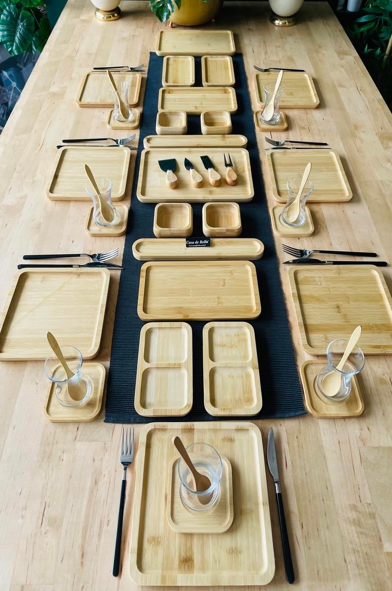 Bambu 32 Parça Kare Servis Tabaklı 6 Kişilik Kahvaltı Takımı