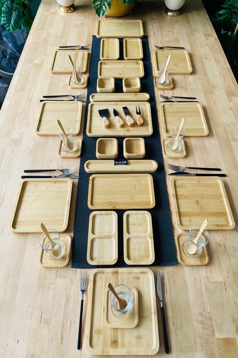 Bambu 32 Parça Kare Servis Tabaklı 6 Kişilik Kahvaltı Takımı
