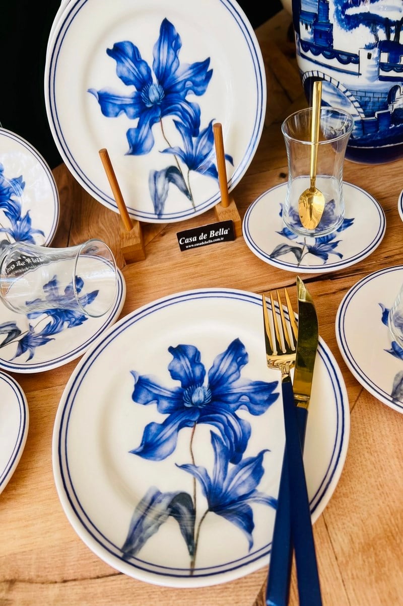 BLUE FLORE GOLD YALDIZLI 6 KİŞİLİK 24 PARÇA ÇAY PASTA SETİ