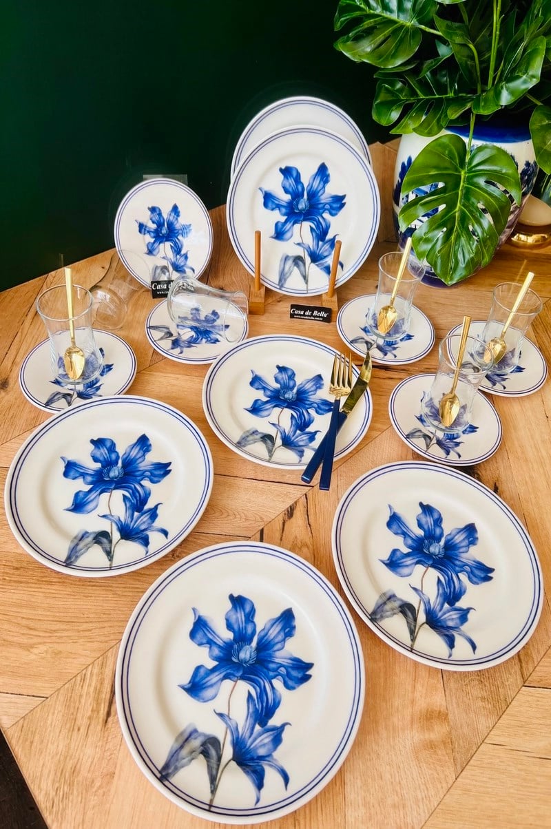BLUE FLORE GOLD YALDIZLI 6 KİŞİLİK 24 PARÇA ÇAY PASTA SETİ
