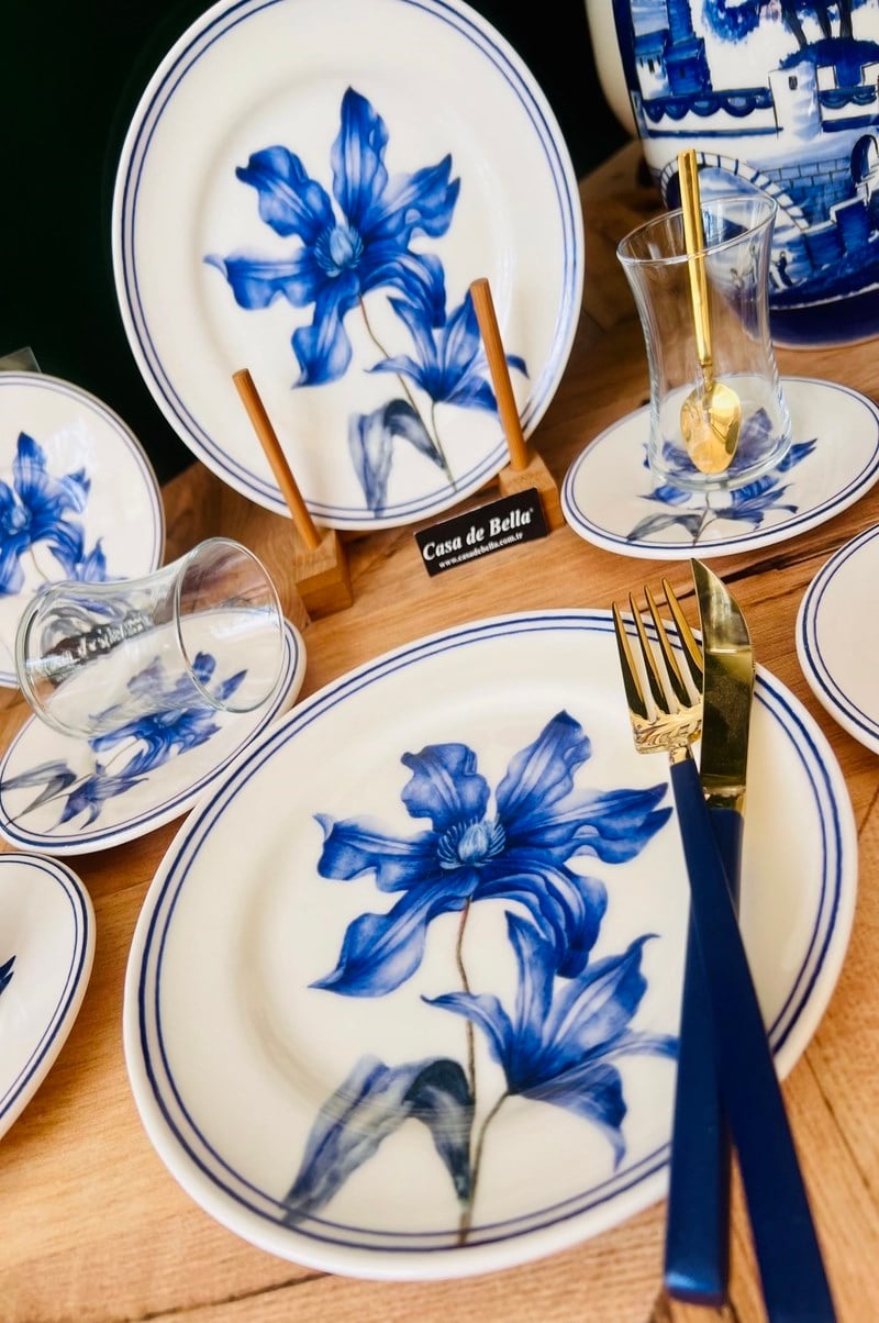 BLUE FLORE GOLD YALDIZLI 6 KİŞİLİK 24 PARÇA ÇAY PASTA SETİ