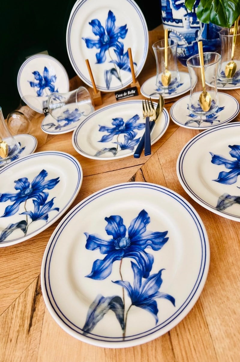 BLUE FLORE GOLD YALDIZLI 6 KİŞİLİK 24 PARÇA ÇAY PASTA SETİ