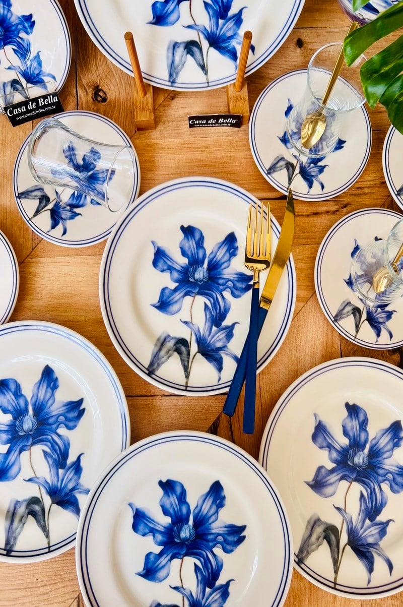 BLUE FLORE GOLD YALDIZLI 6 KİŞİLİK 24 PARÇA ÇAY PASTA SETİ