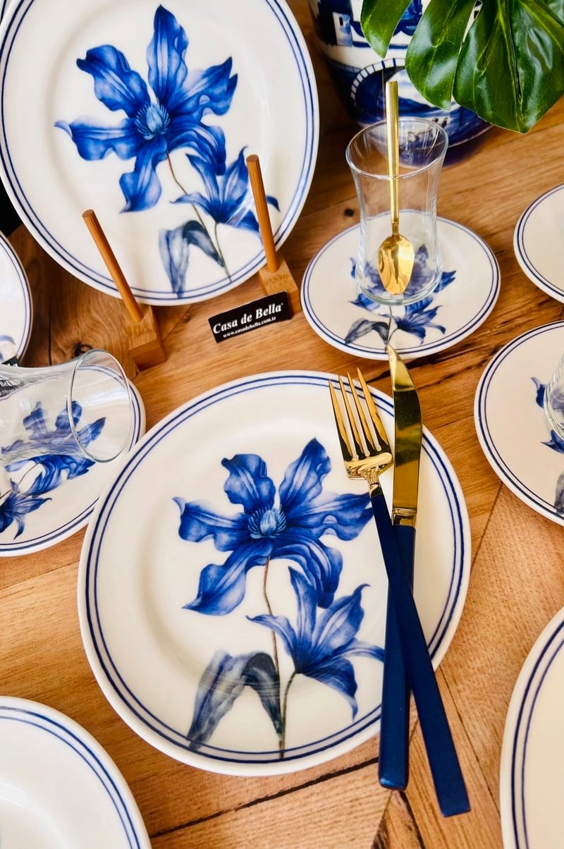 BLUE FLORE GOLD YALDIZLI 6 KİŞİLİK 24 PARÇA ÇAY PASTA SETİ