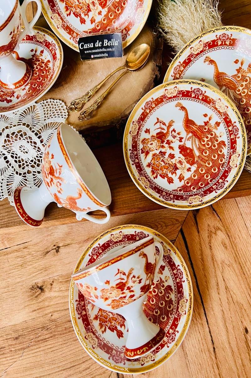 【5/31まで値下げ】  Fine Bone China BONE CHİNA 6 KİŞİLİK GEİSHA AYAKLI TAVUSKUŞU DESENLİ ÇAY FİNCANI