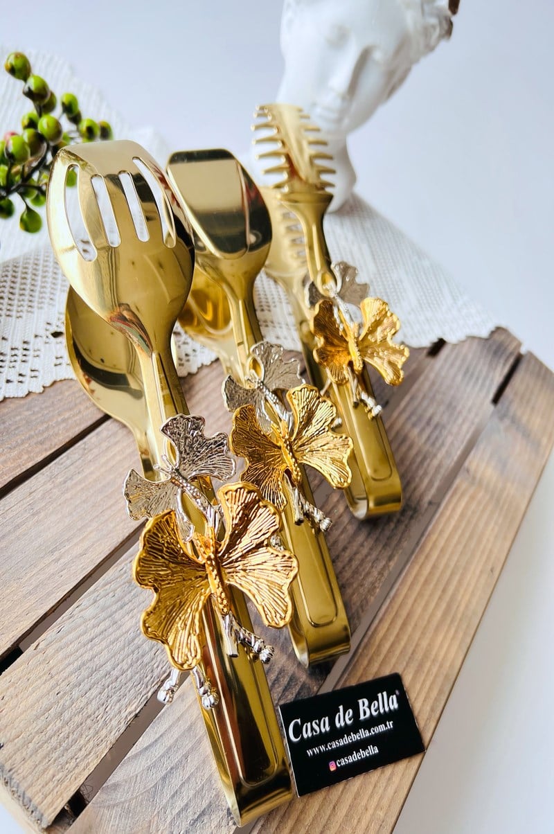 Çiçek Figürlü Gold 3 Parça Maşa Servis Seti