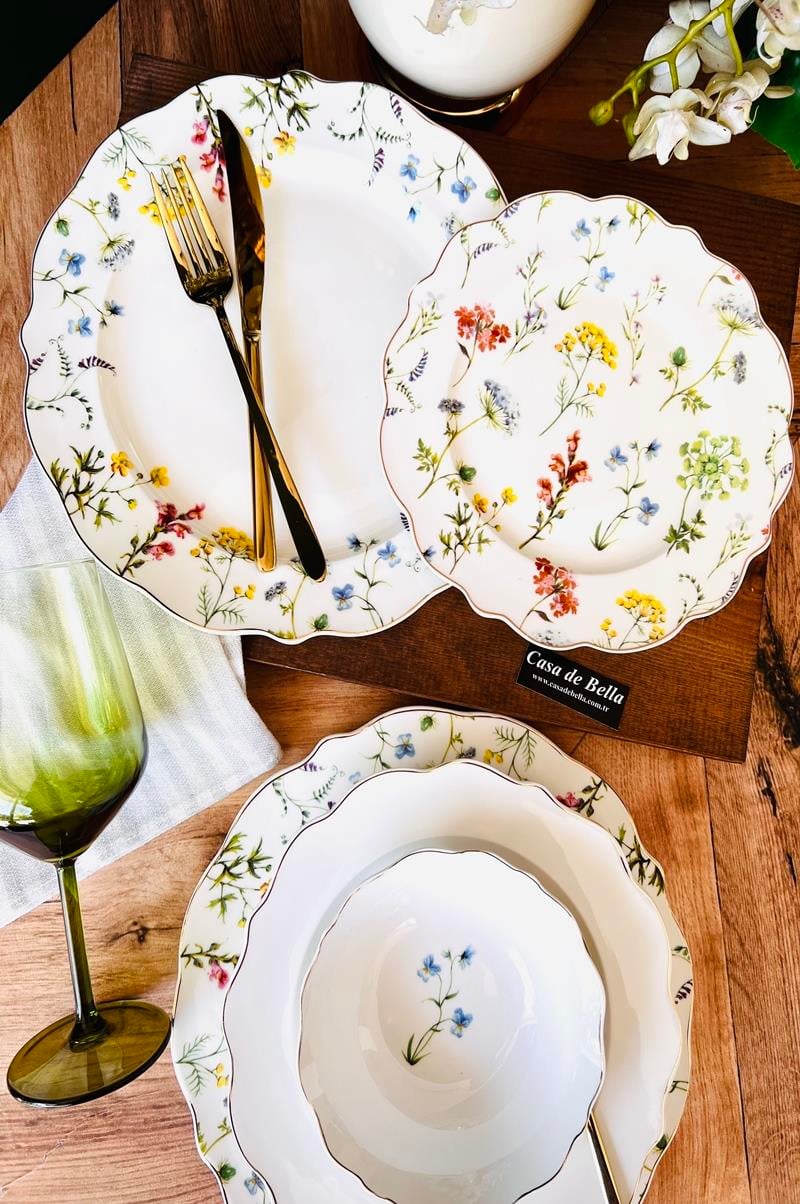 FLORAL Bone China 6 Kişilik 24 Parça Lüks Yemek Takımı