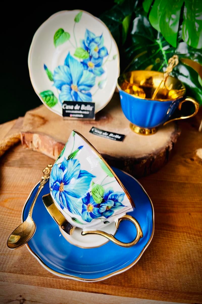 FLORES 2 Kişilik Porselen Çay Fincanı (MAVİ)