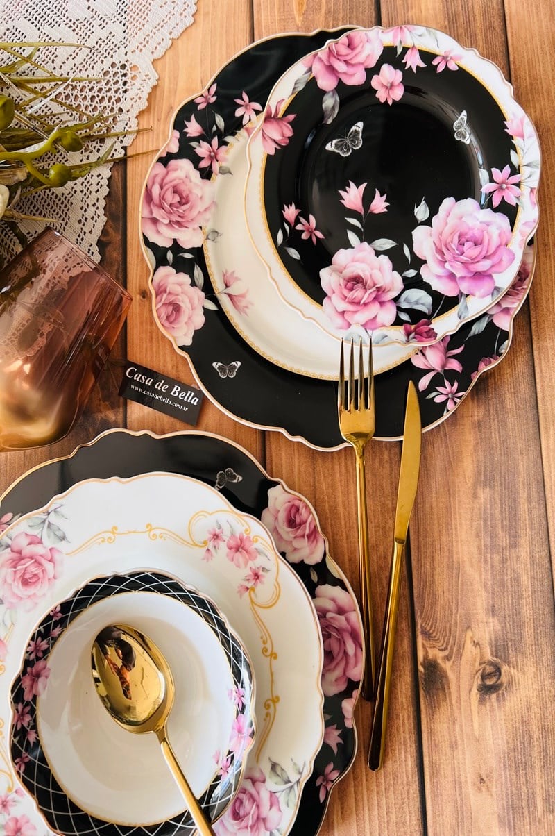 FLOWERS Bone Porselen 24 parça Yemek Takımı 