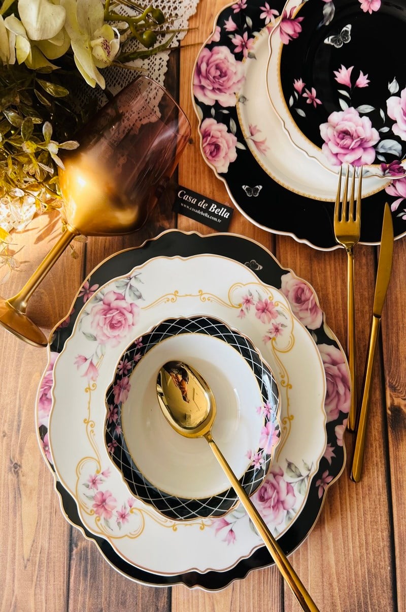 FLOWERS Bone Porselen 24 parça Yemek Takımı 