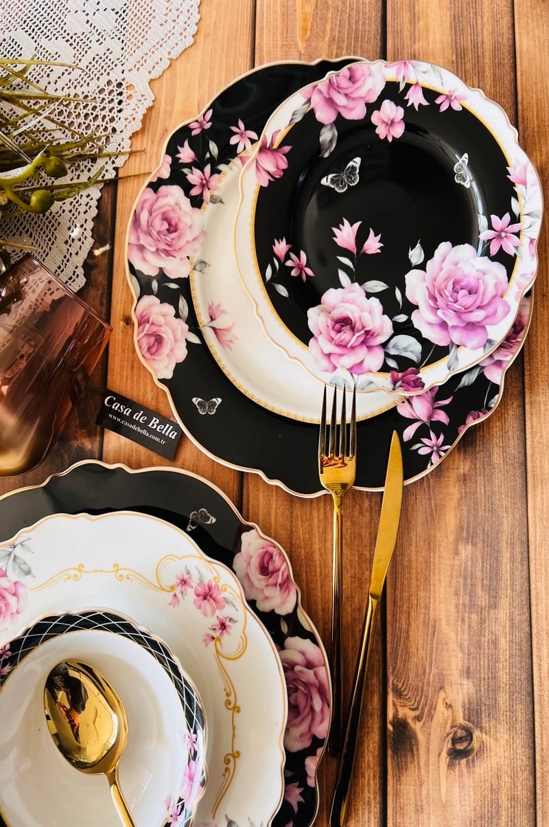 FLOWERS Bone Porselen 24 parça Yemek Takımı 