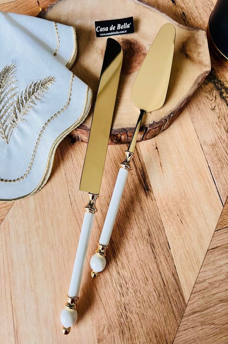 Gold 2 Parça Boncuk Figürlü Spatula Bıçak Servis Seti