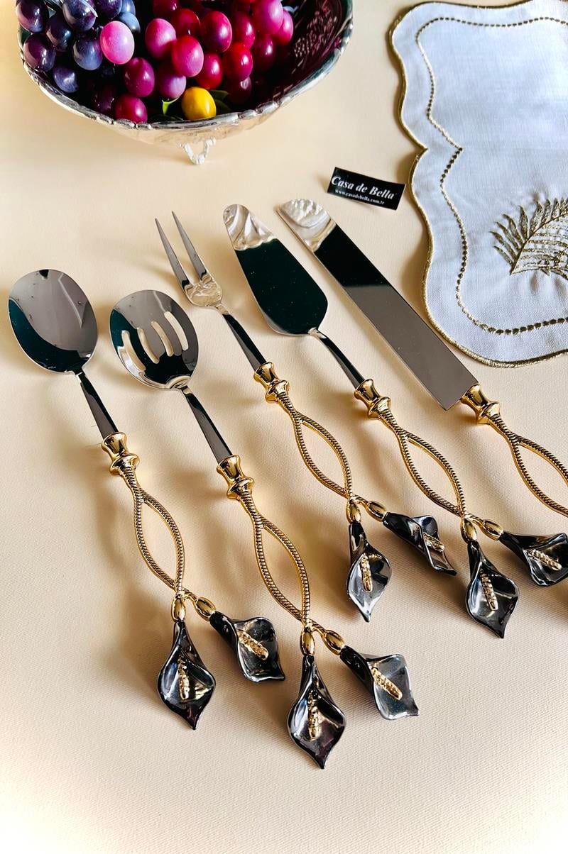 Gold 5 Parça Çiçek Figürlü Servis Seti